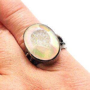 Sajen Opal White Drusy Quartz Sterling Silver Ring Adjustable Size